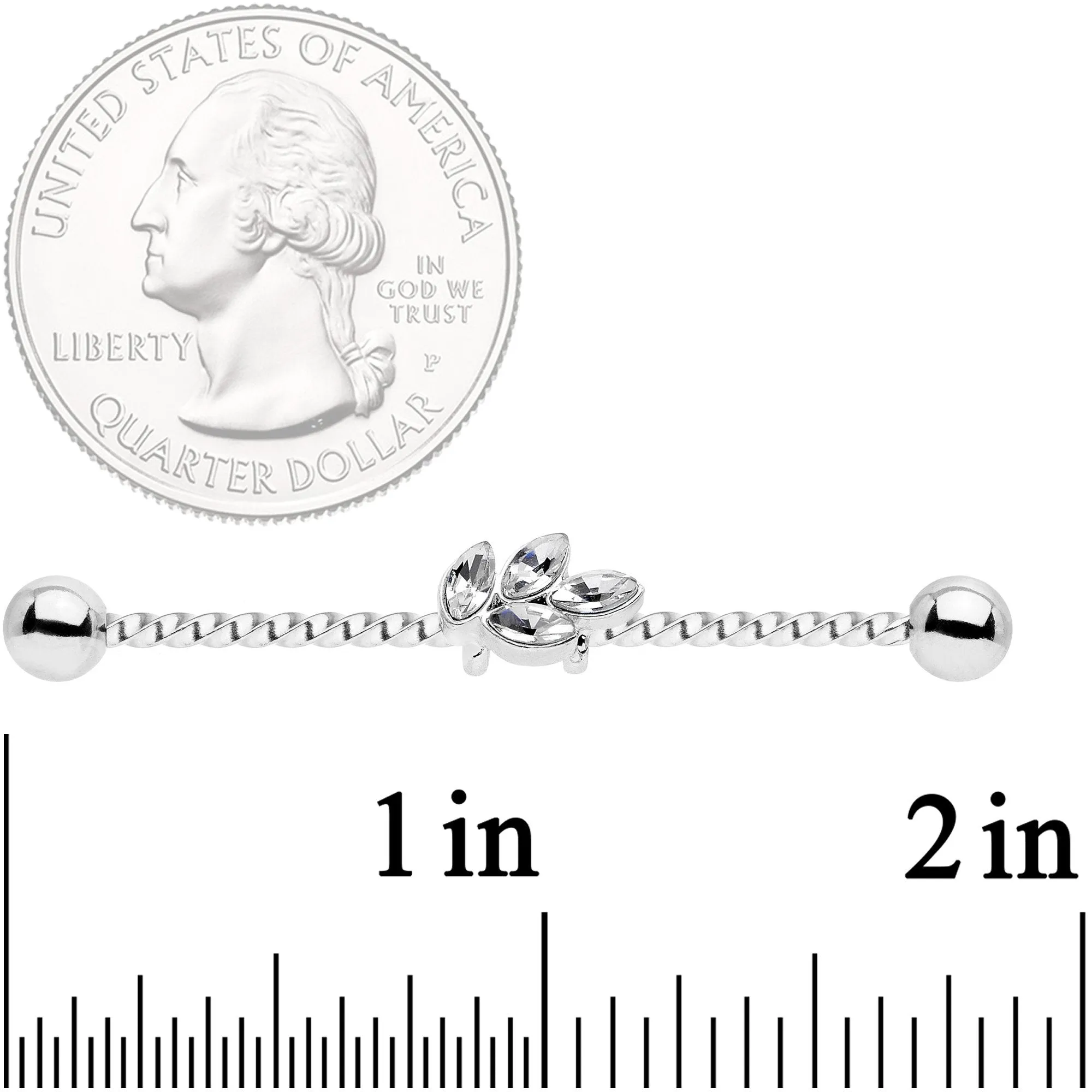 14 Gauge Clear Gem Leaf Industrial Barbell 38mm