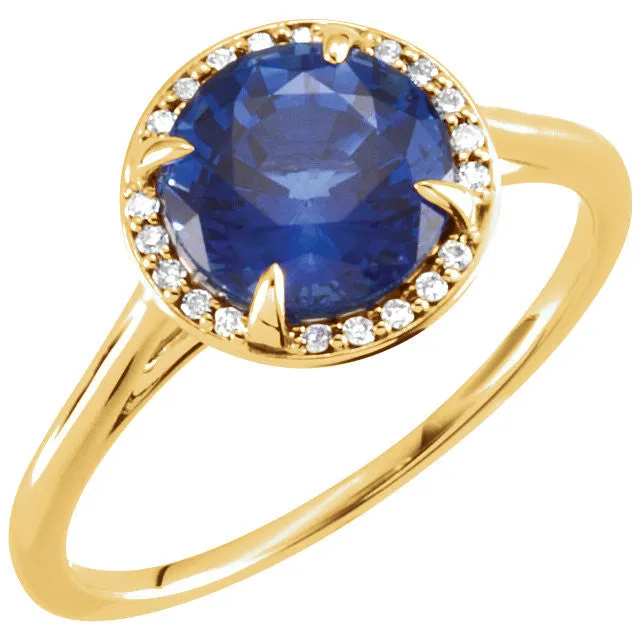14k Gold Lab Grown 8mm Round Blue Sapphire .05CTW Diamond Halo Ring