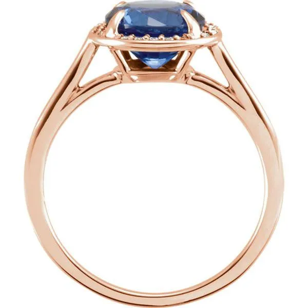 14k Gold Lab Grown 8mm Round Blue Sapphire .05CTW Diamond Halo Ring