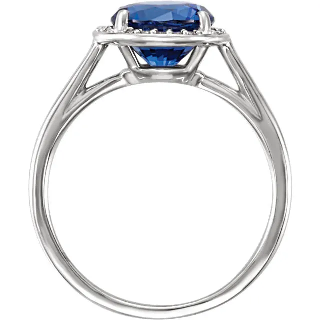 14k Gold Lab Grown 8mm Round Blue Sapphire .05CTW Diamond Halo Ring