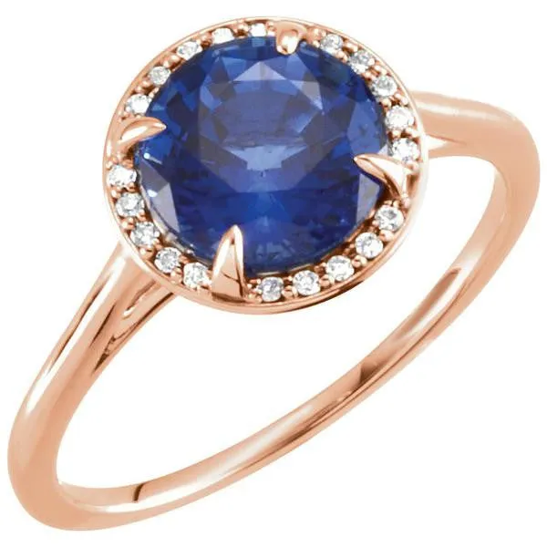 14k Gold Lab Grown 8mm Round Blue Sapphire .05CTW Diamond Halo Ring
