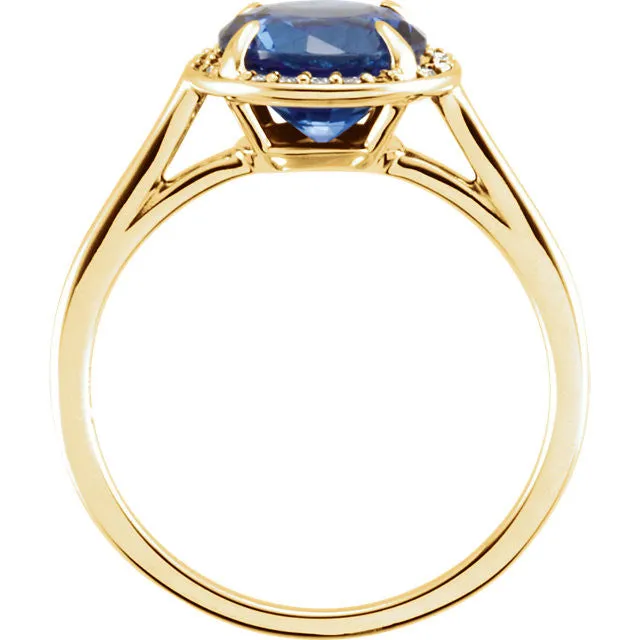 14k Gold Lab Grown 8mm Round Blue Sapphire .05CTW Diamond Halo Ring