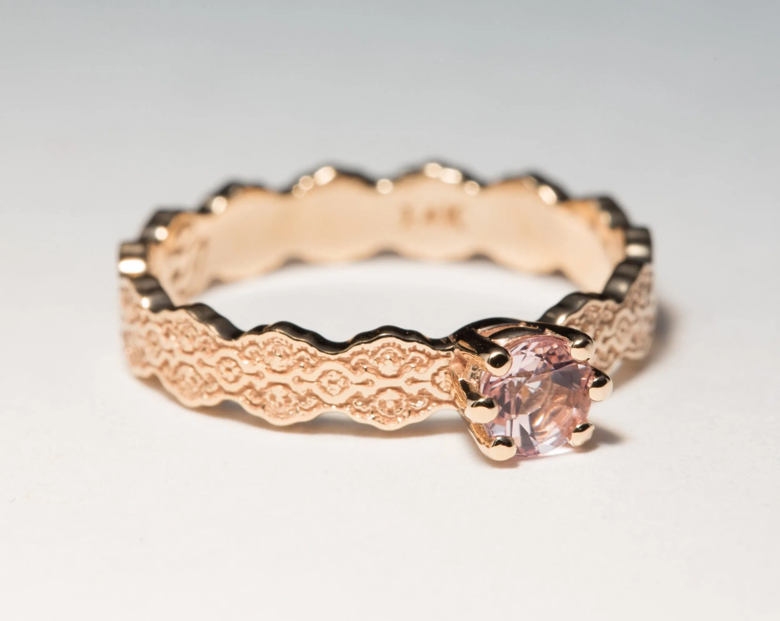 14K Rose Gold Lace Engagement Ring with a Pink Morganite - Size 5.5