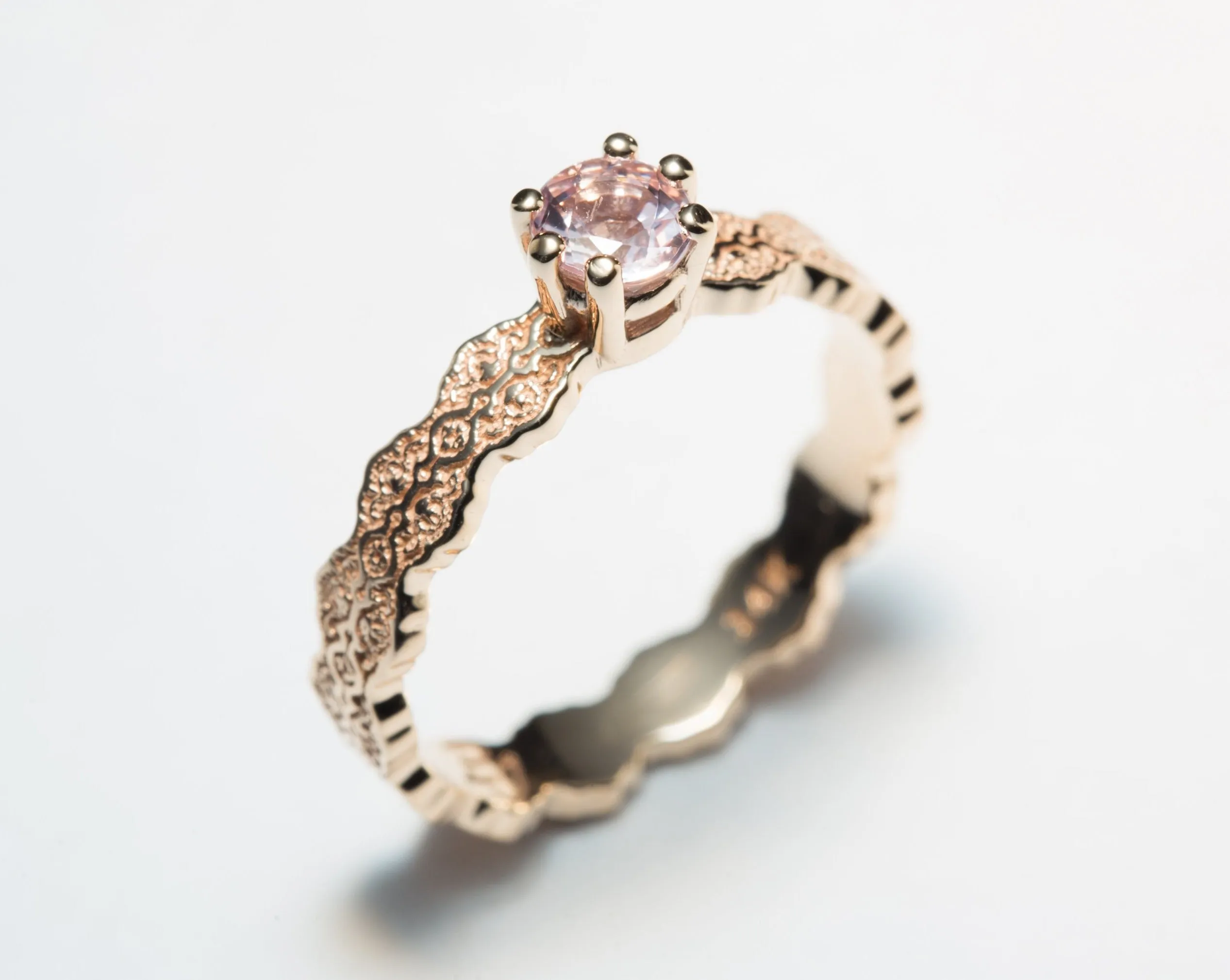 14K Rose Gold Lace Engagement Ring with a Pink Morganite - Size 5.5