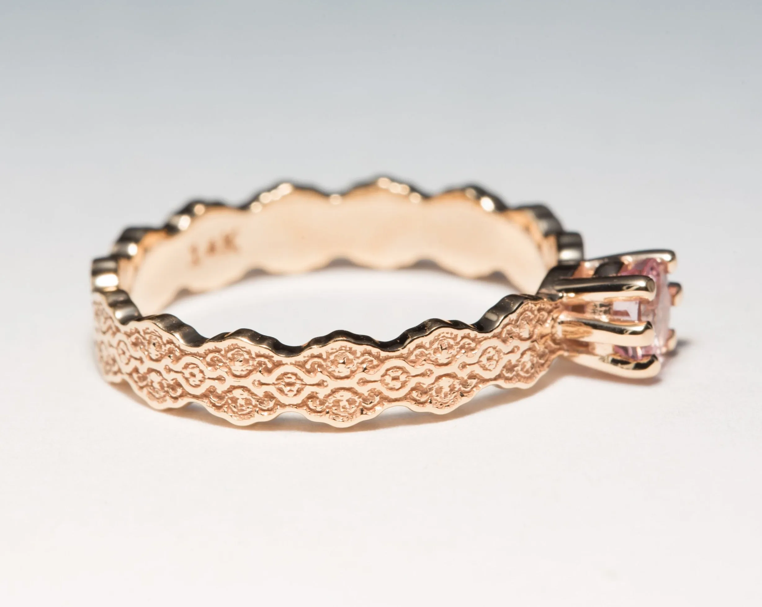 14K Rose Gold Lace Engagement Ring with a Pink Morganite - Size 5.5