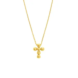 14K Yellow Gold Beaded Mini Cross Pendant Necklace