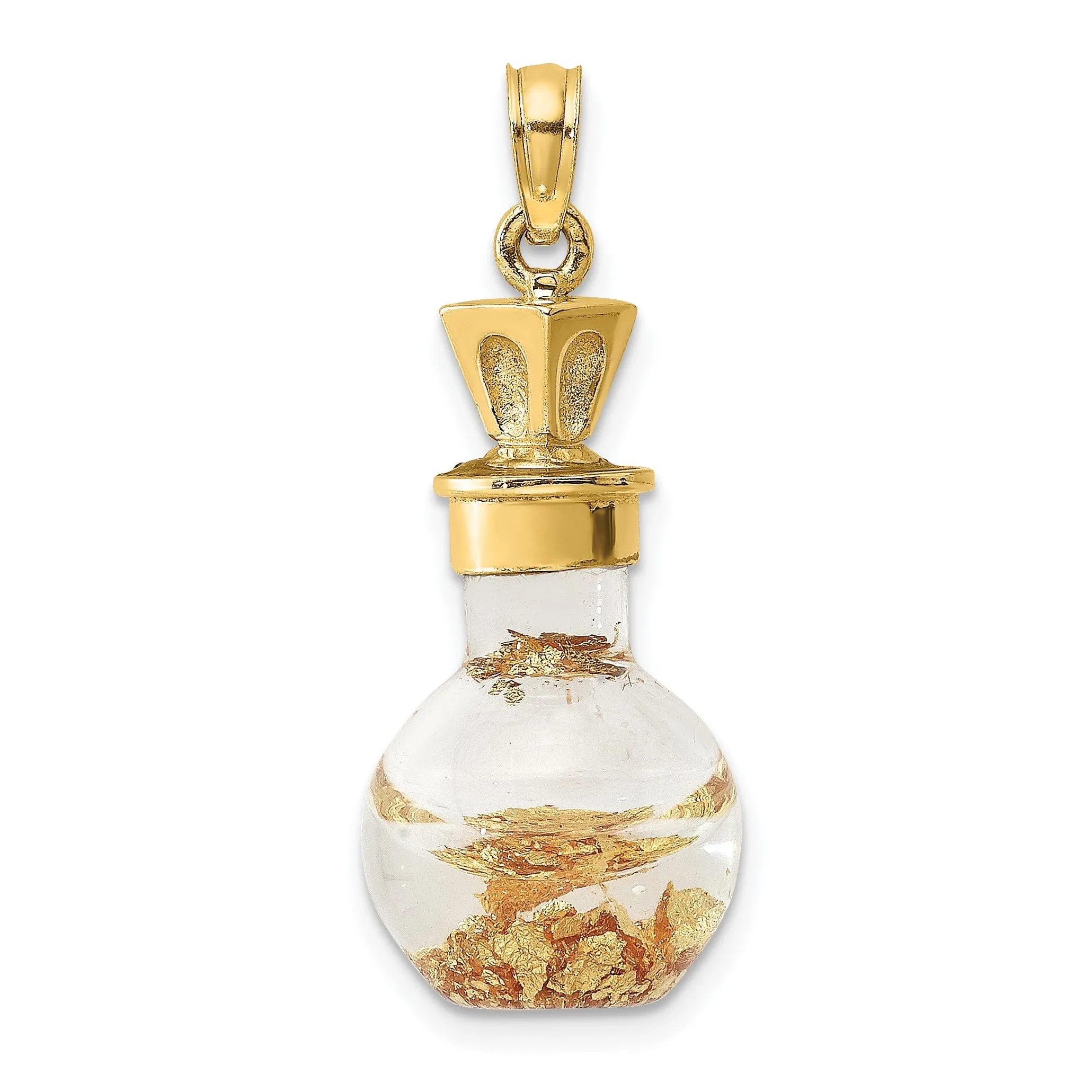14K Yellow Gold Polished Finish 3-Dimensional Gold Leaf In Bottle Charm Pendant