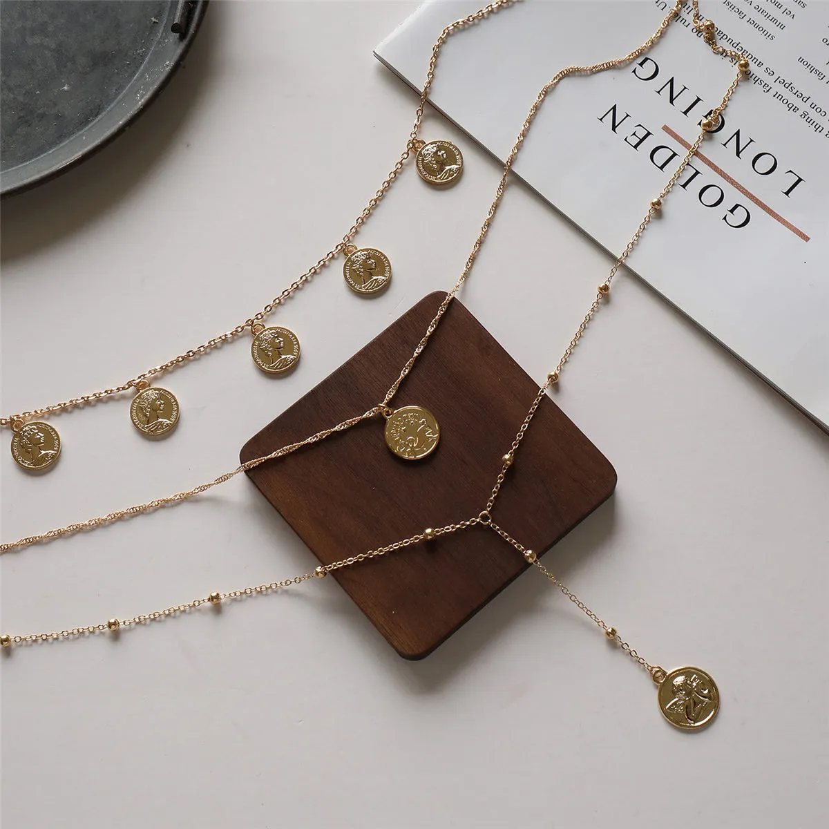 18K Gold-Plated 'Capricorn' Coin Layered Lariat Necklace