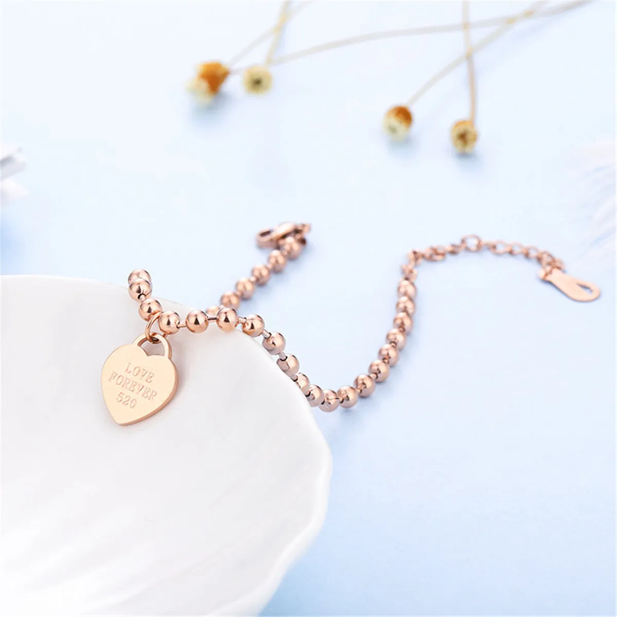 18K Rose Gold-Plated 'Love Forever' Bead Chain Heart Charm Bracelet