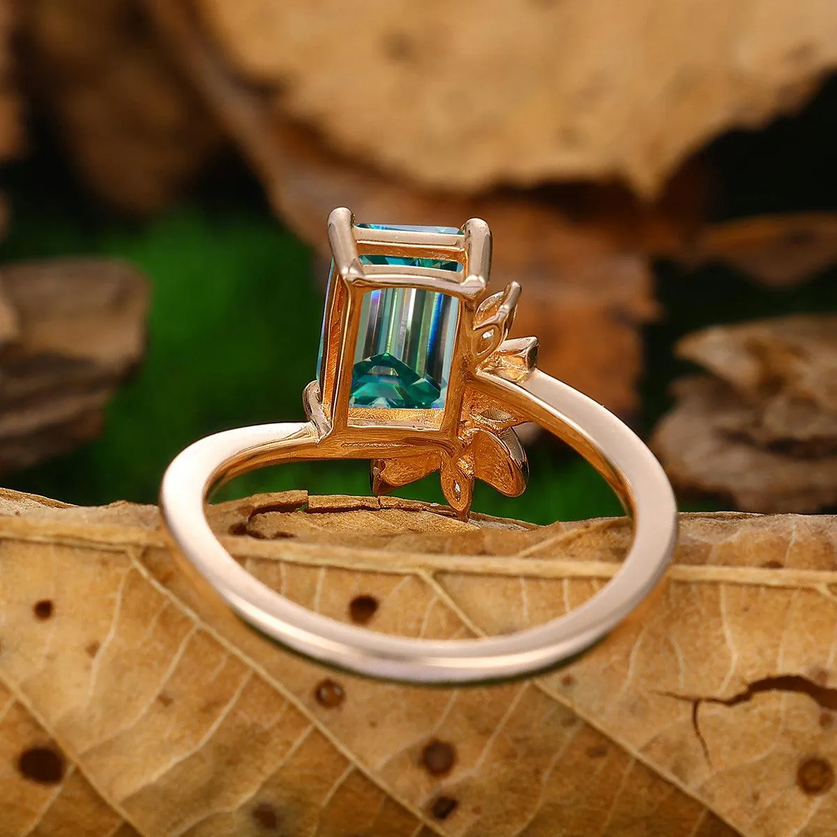 2CT Emerald Cut Blue Moissanite 14k Gold Engagement Ring