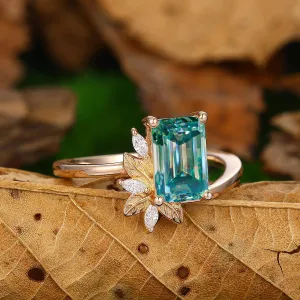 2CT Emerald Cut Blue Moissanite 14k Gold Engagement Ring