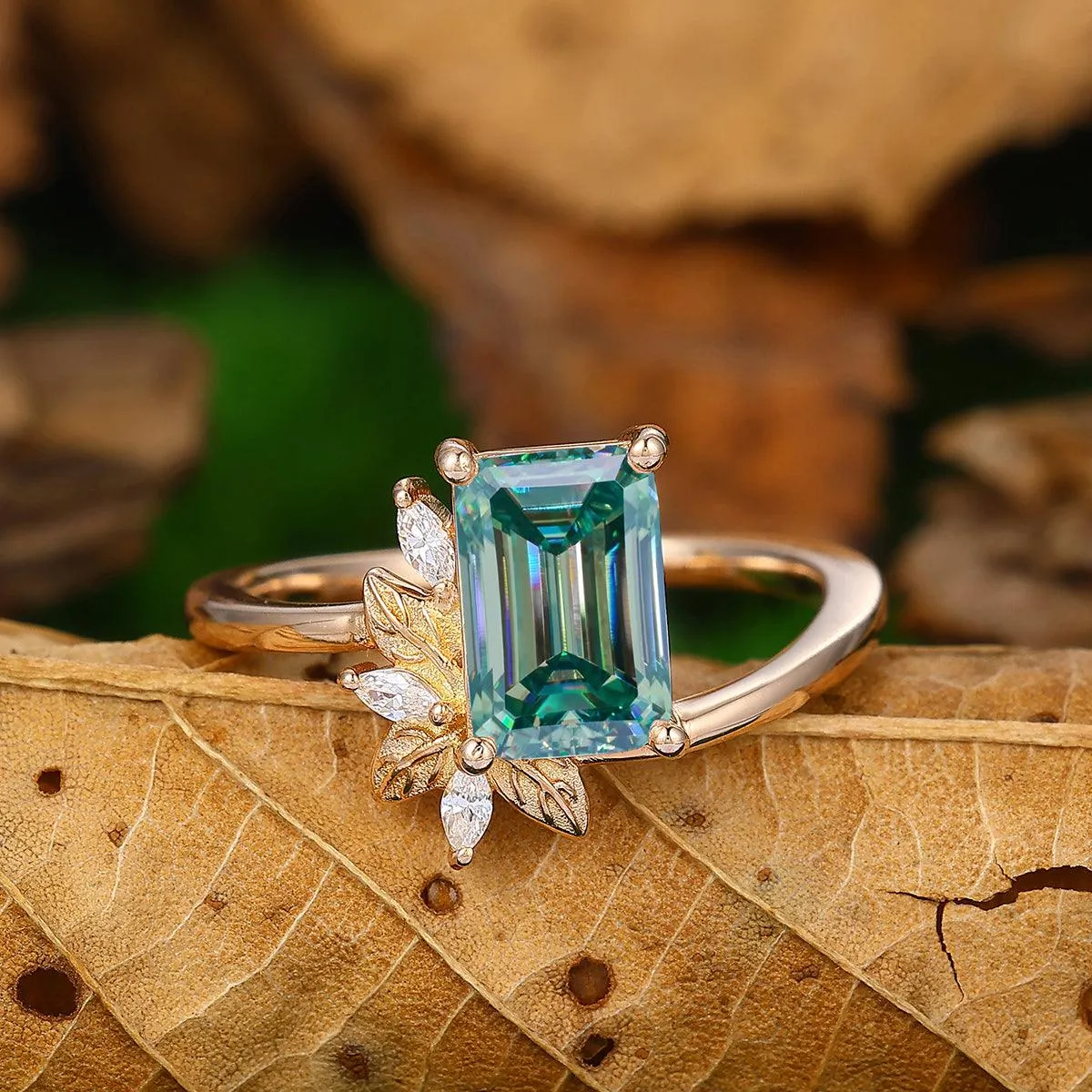 2CT Emerald Cut Blue Moissanite 14k Gold Engagement Ring