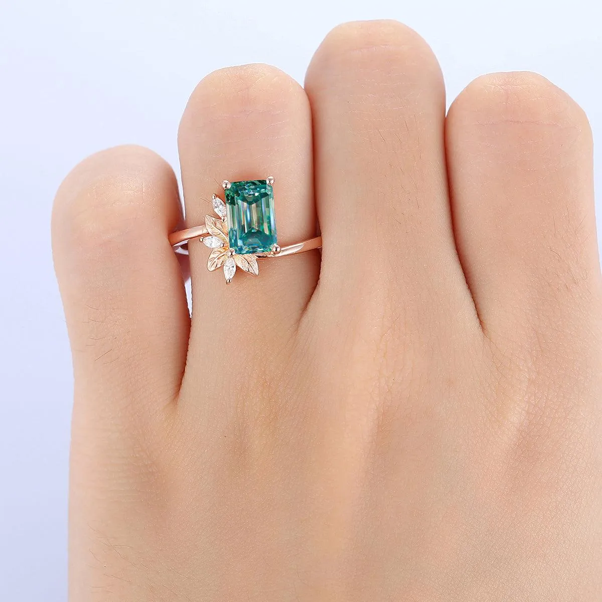 2CT Emerald Cut Blue Moissanite 14k Gold Engagement Ring