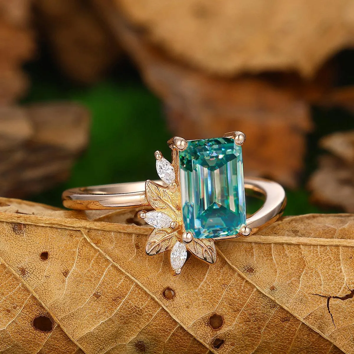 2CT Emerald Cut Blue Moissanite 14k Gold Engagement Ring