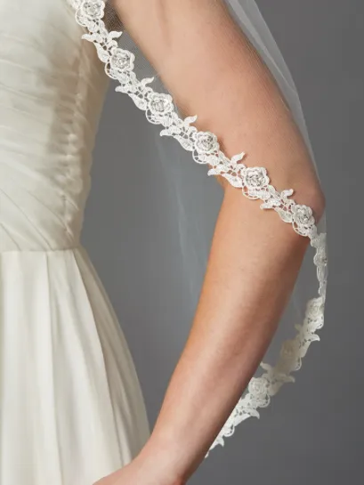 36" Fingertip Length Lace Edge Veil Beaded Accents