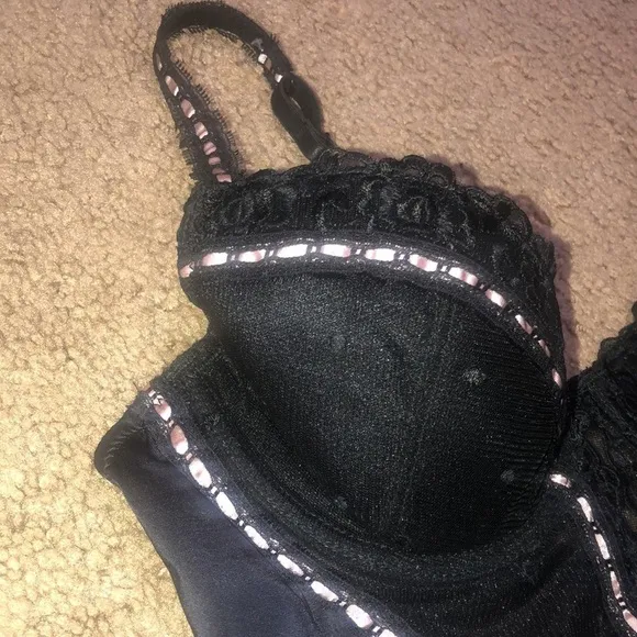 Adore Me Floral Lace Polka Dot Mesh Satin Corset Bustier Black Pink Ribbon 34B