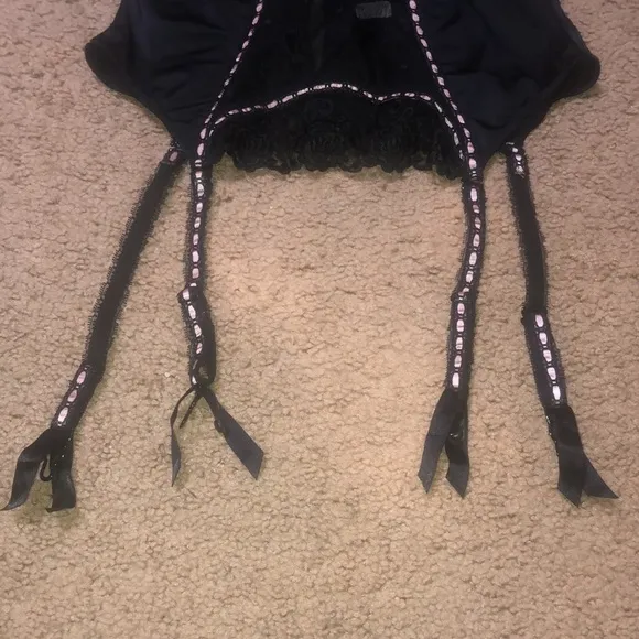 Adore Me Floral Lace Polka Dot Mesh Satin Corset Bustier Black Pink Ribbon 34B