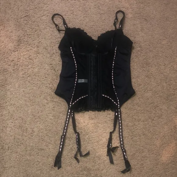 Adore Me Floral Lace Polka Dot Mesh Satin Corset Bustier Black Pink Ribbon 34B