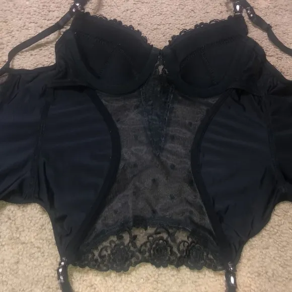 Adore Me Floral Lace Polka Dot Mesh Satin Corset Bustier Black Pink Ribbon 34B