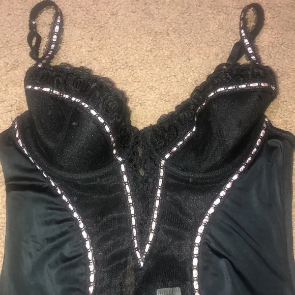 Adore Me Floral Lace Polka Dot Mesh Satin Corset Bustier Black Pink Ribbon 34B