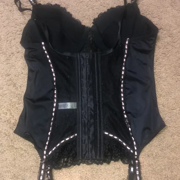 Adore Me Floral Lace Polka Dot Mesh Satin Corset Bustier Black Pink Ribbon 34B