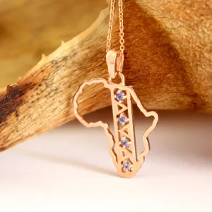 African Textile Pattern Africa Map Rose Gold Tanzanite Pendant