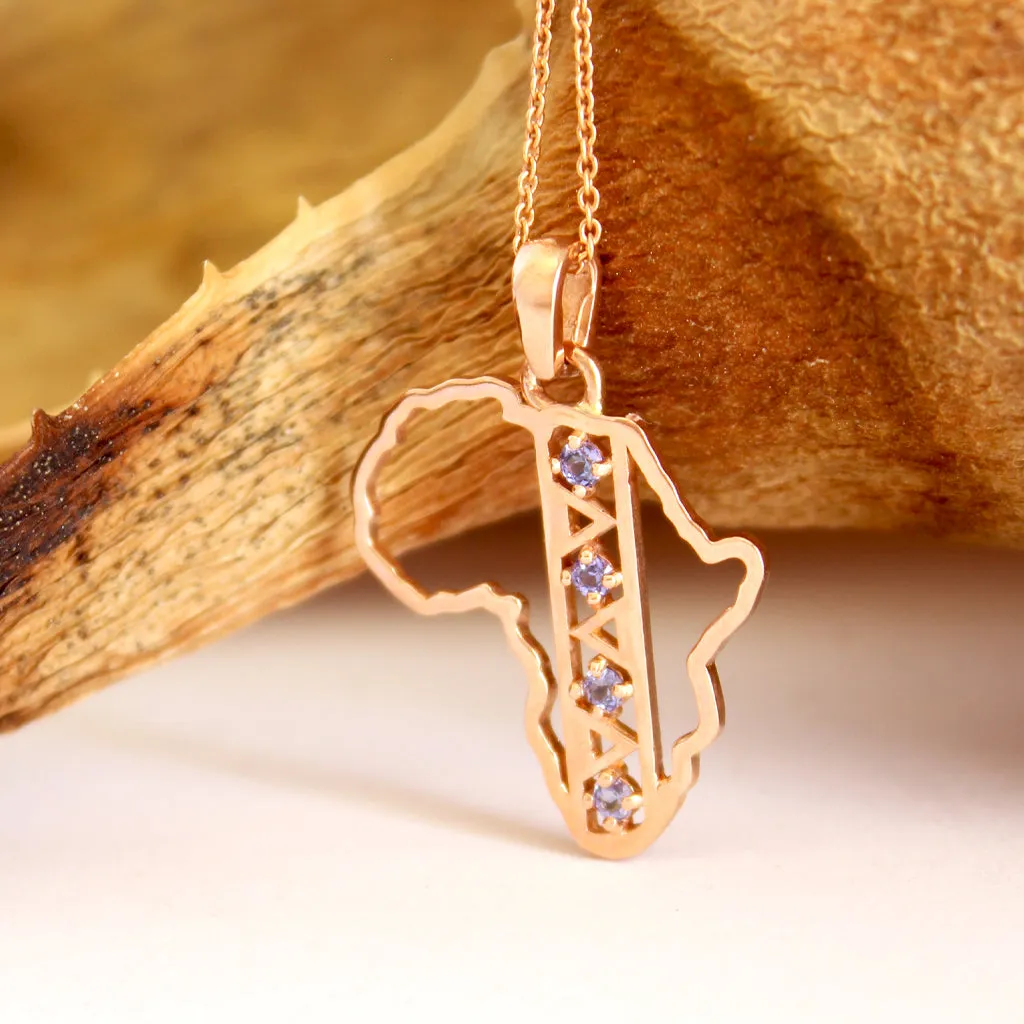 African Textile Pattern Africa Map Rose Gold Tanzanite Pendant