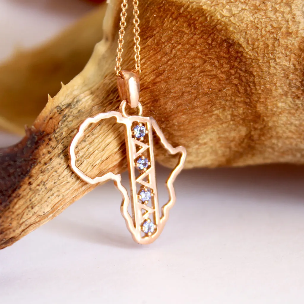 African Textile Pattern Africa Map Rose Gold Tanzanite Pendant