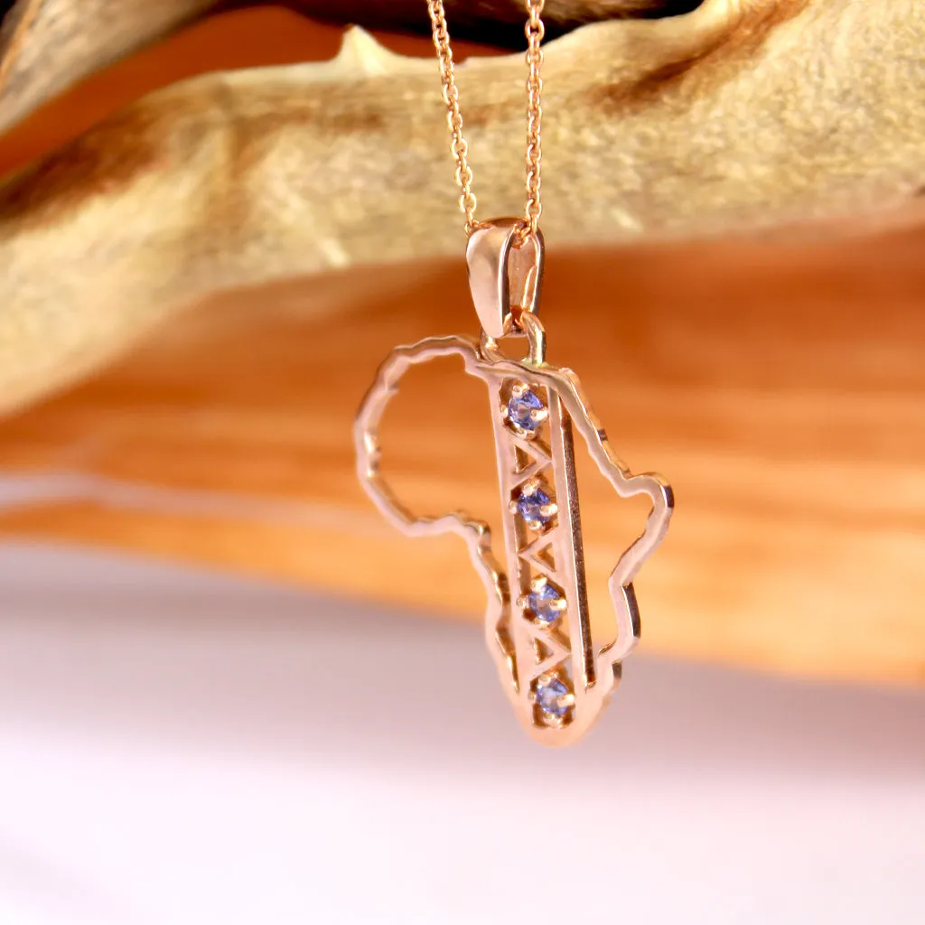 African Textile Pattern Africa Map Rose Gold Tanzanite Pendant