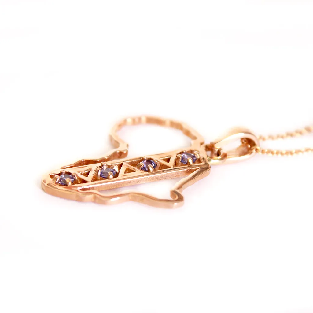 African Textile Pattern Africa Map Rose Gold Tanzanite Pendant
