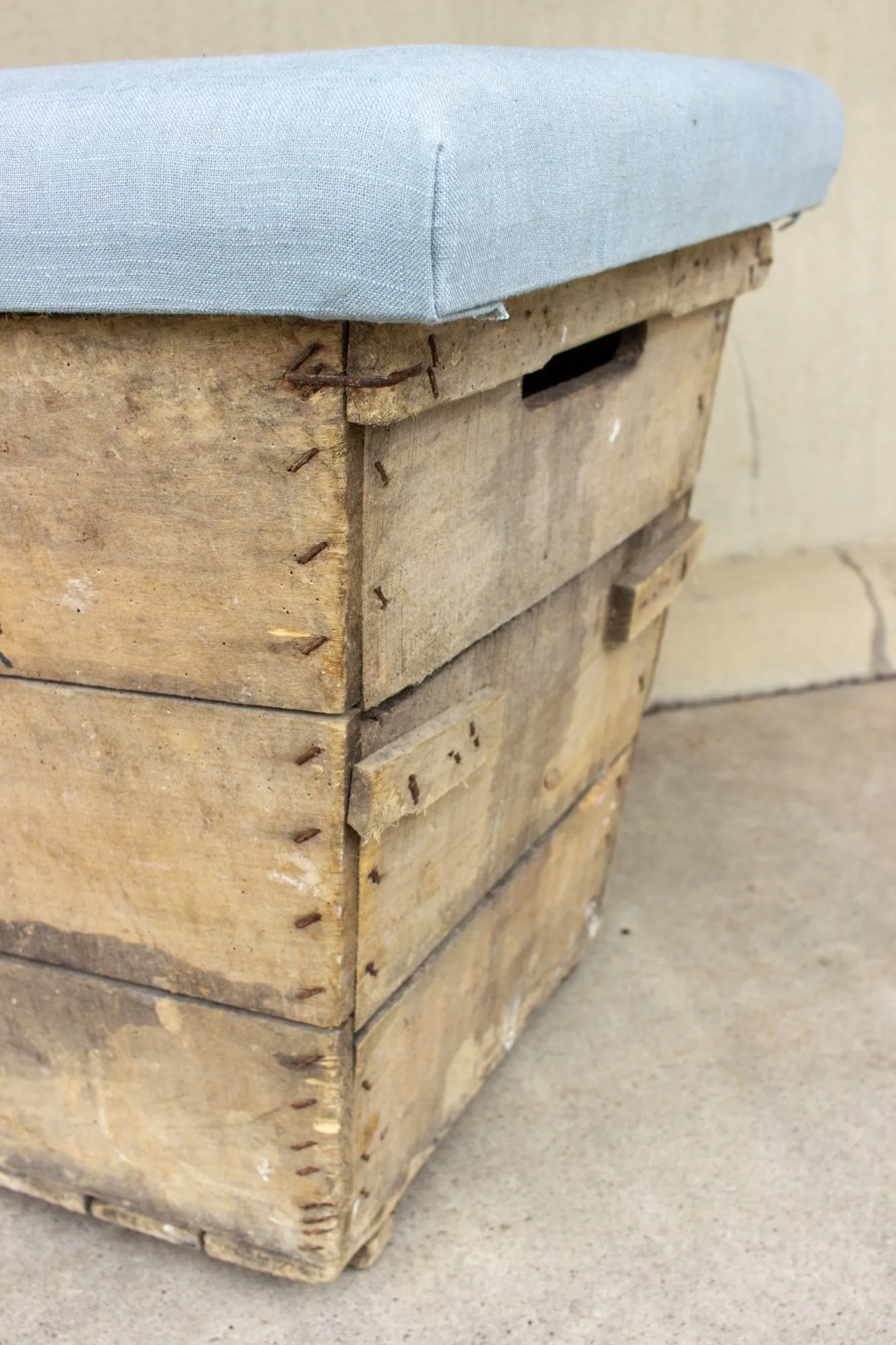 Antique French Champagne Harvest Crate with Upholstered Linen Top | Blue