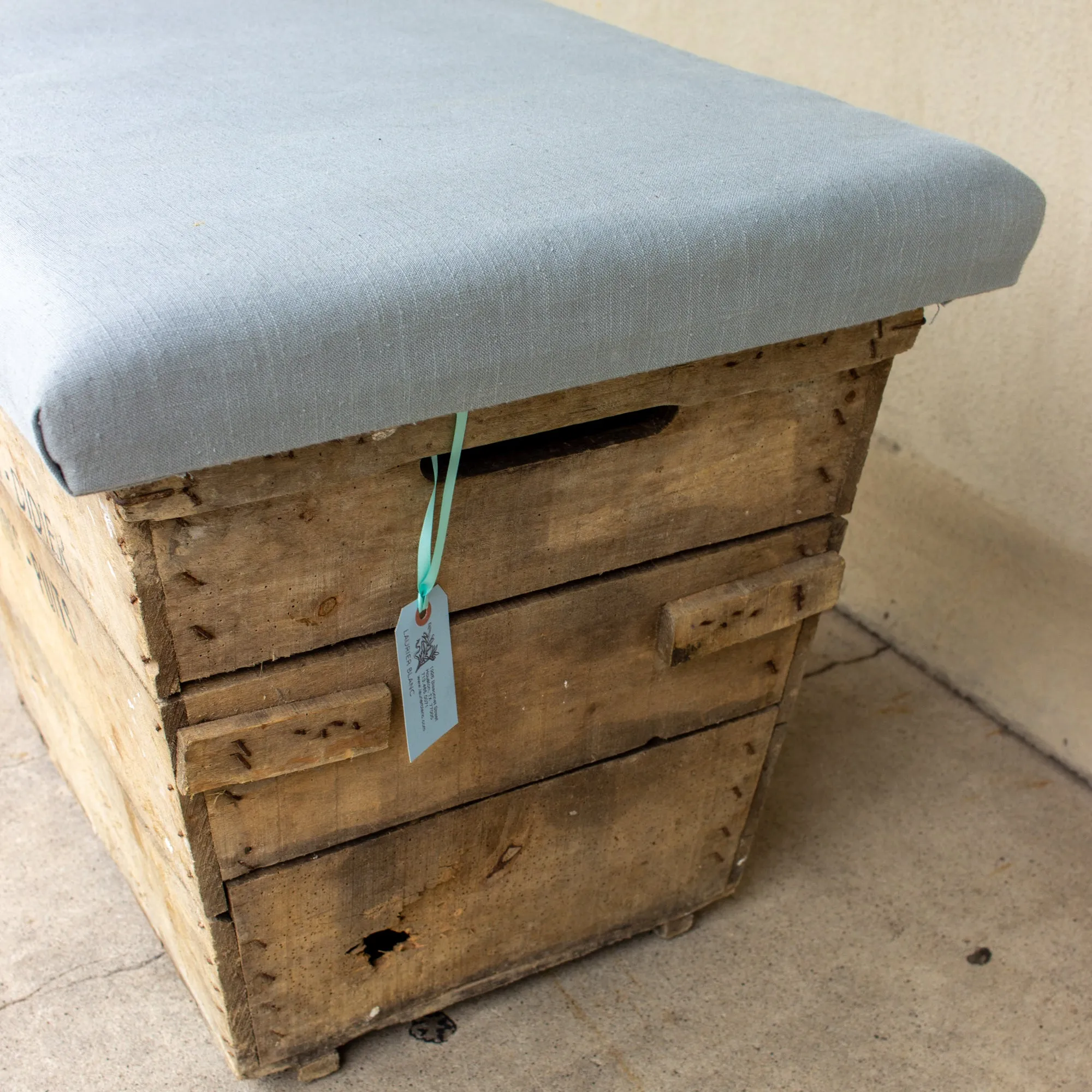Antique French Champagne Harvest Crate with Upholstered Linen Top | Blue