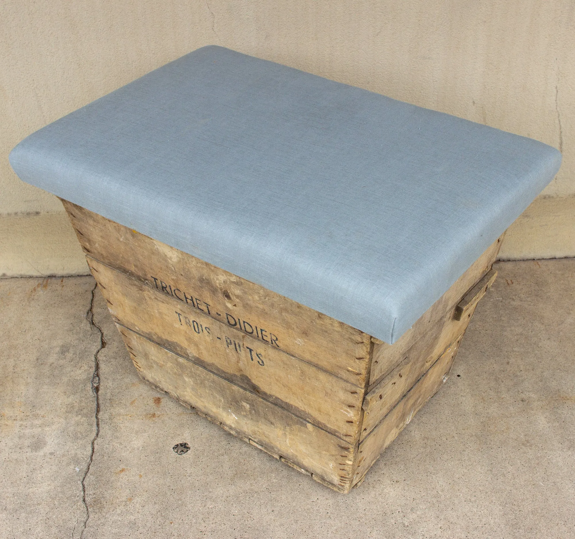 Antique French Champagne Harvest Crate with Upholstered Linen Top | Blue