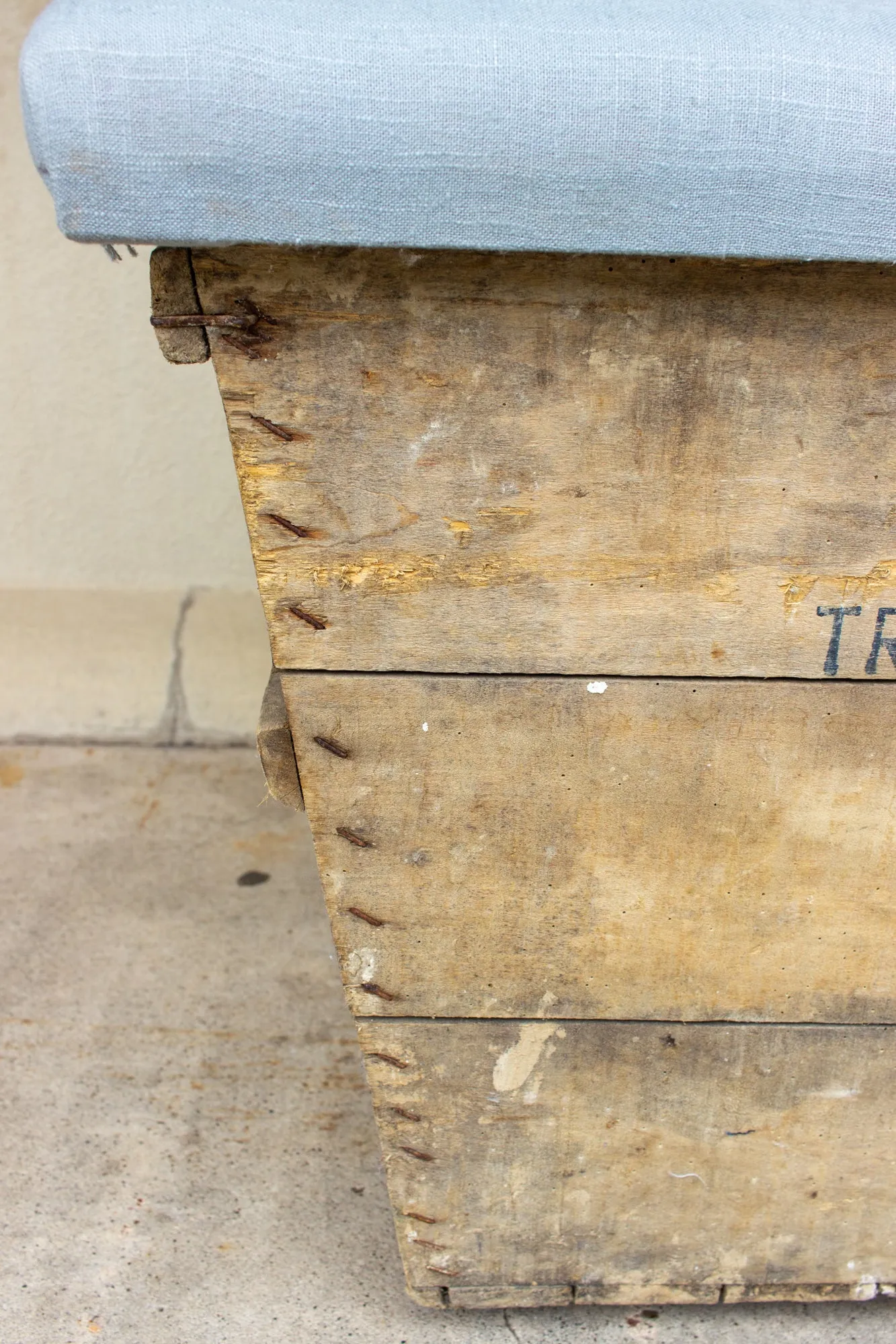 Antique French Champagne Harvest Crate with Upholstered Linen Top | Blue