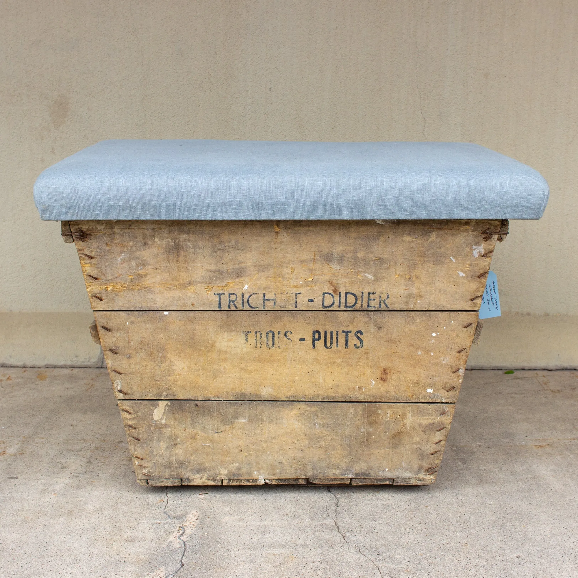 Antique French Champagne Harvest Crate with Upholstered Linen Top | Blue