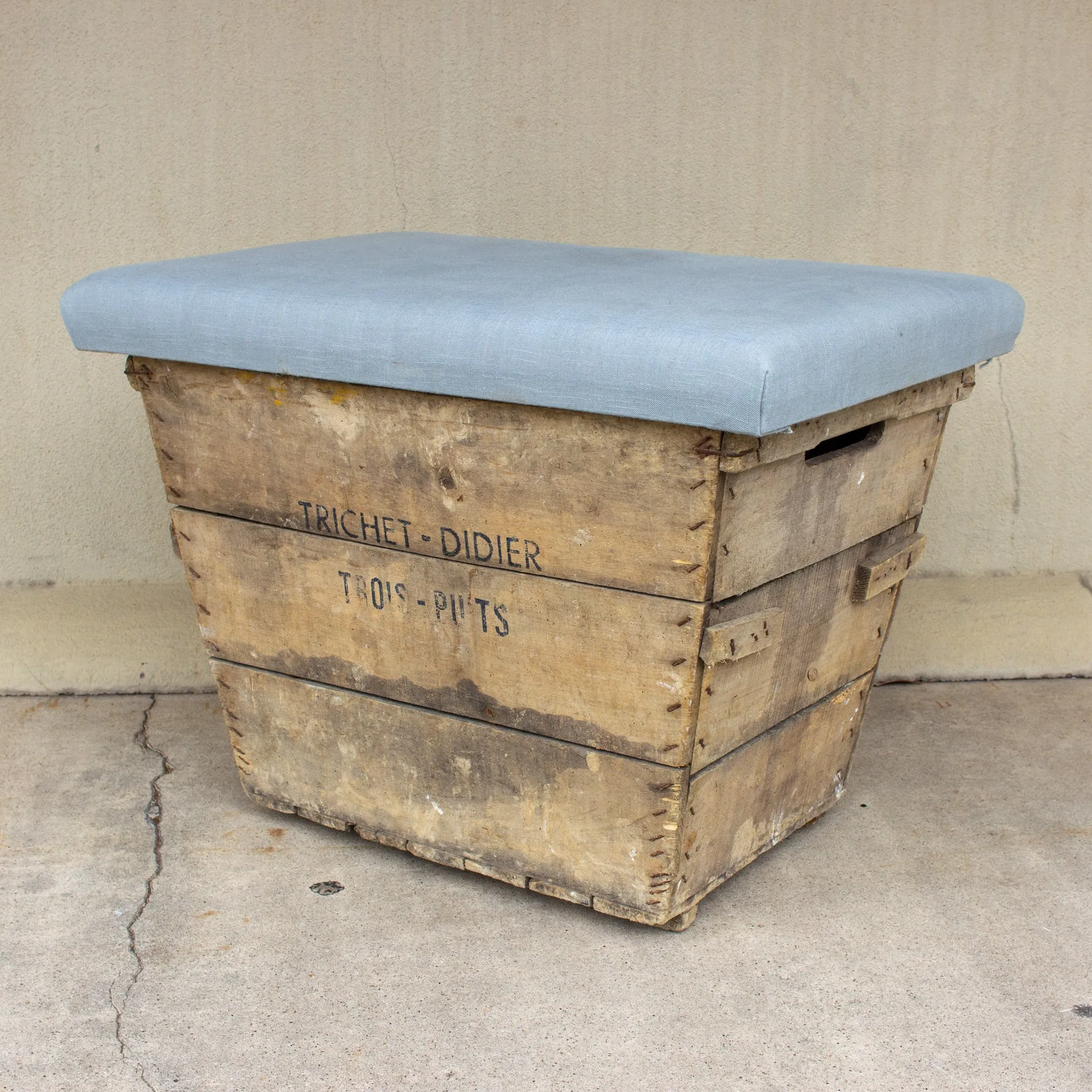Antique French Champagne Harvest Crate with Upholstered Linen Top | Blue