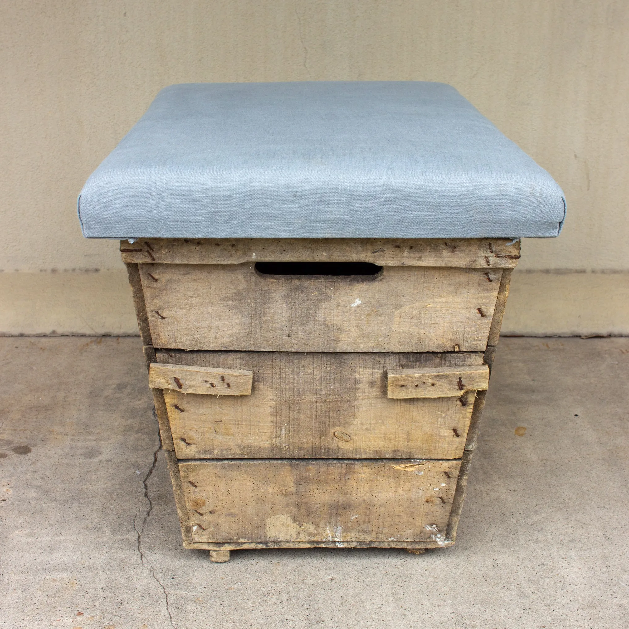 Antique French Champagne Harvest Crate with Upholstered Linen Top | Blue