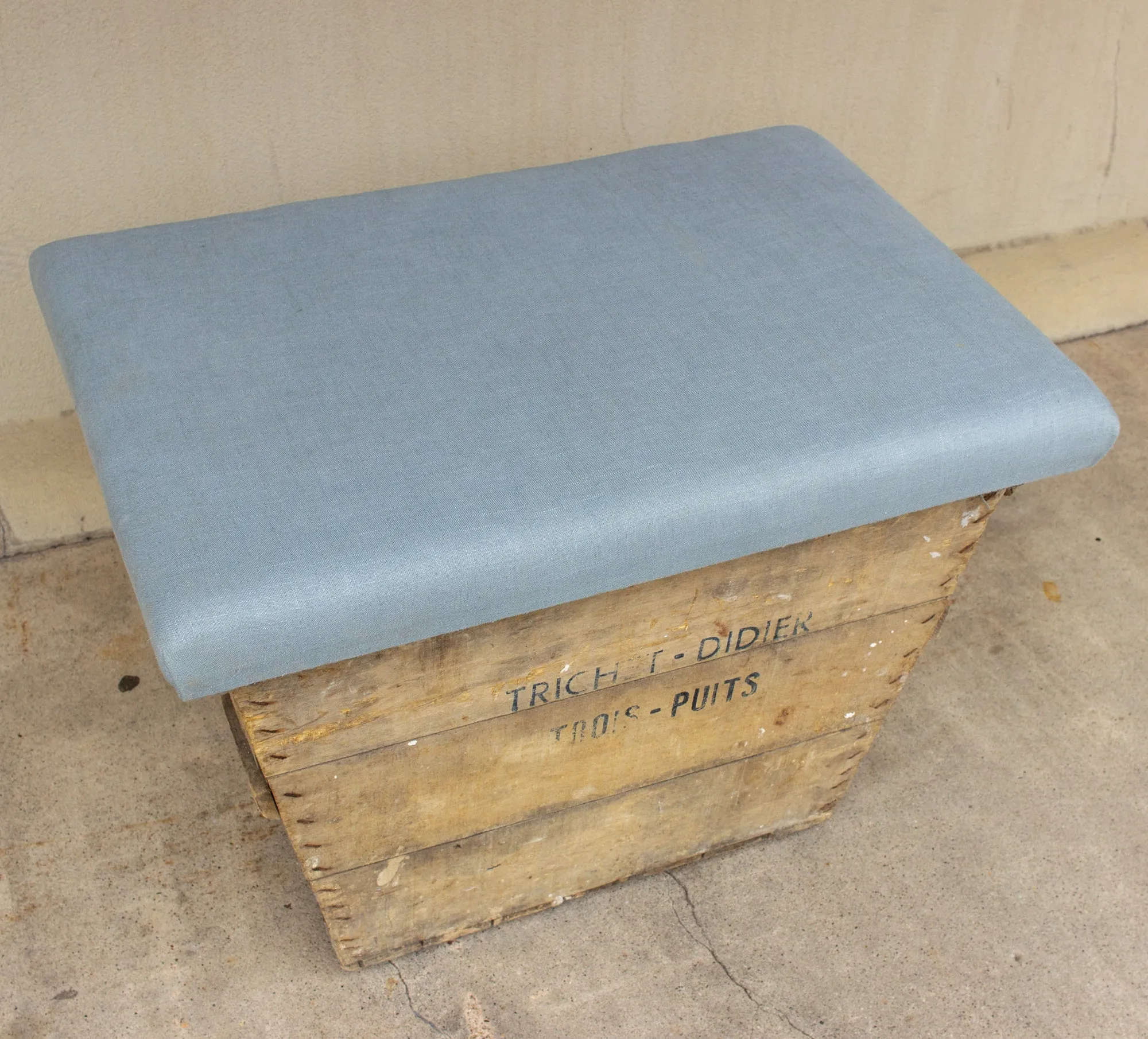 Antique French Champagne Harvest Crate with Upholstered Linen Top | Blue