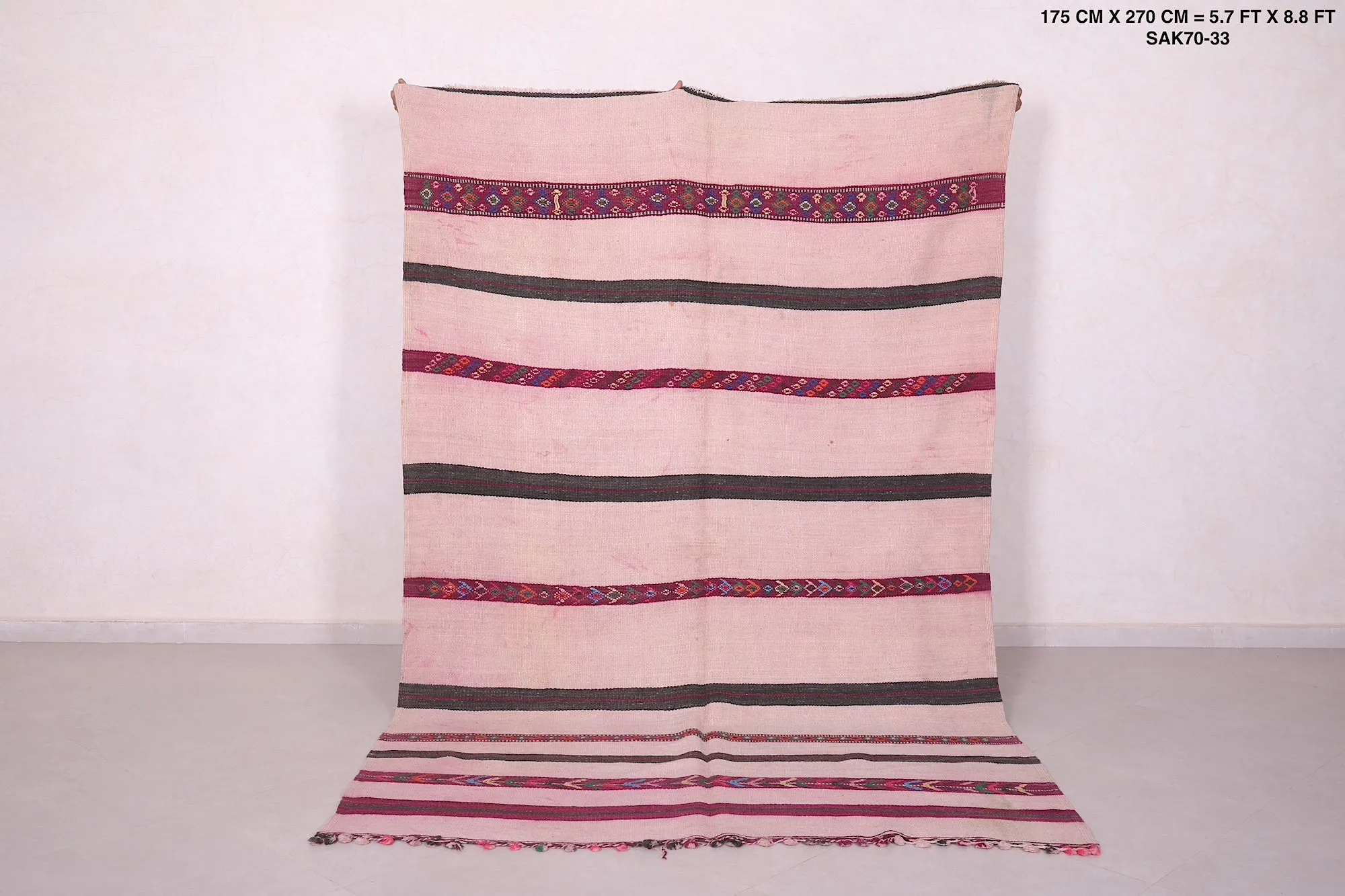 Authentic Moroccan Handwoven Rug – Pink & Striped Patterns | 5.7 FT X 8.8 FT
