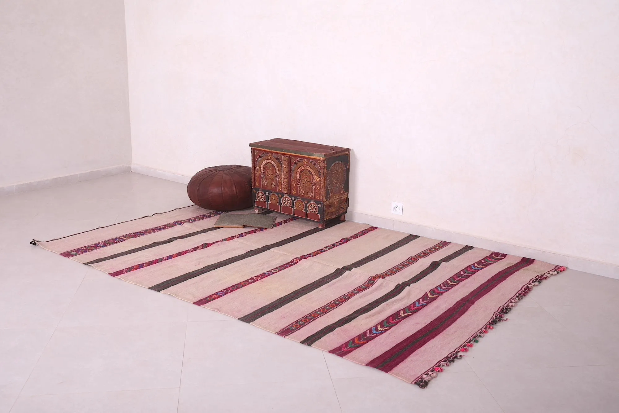 Authentic Moroccan Handwoven Rug – Pink & Striped Patterns | 5.7 FT X 8.8 FT