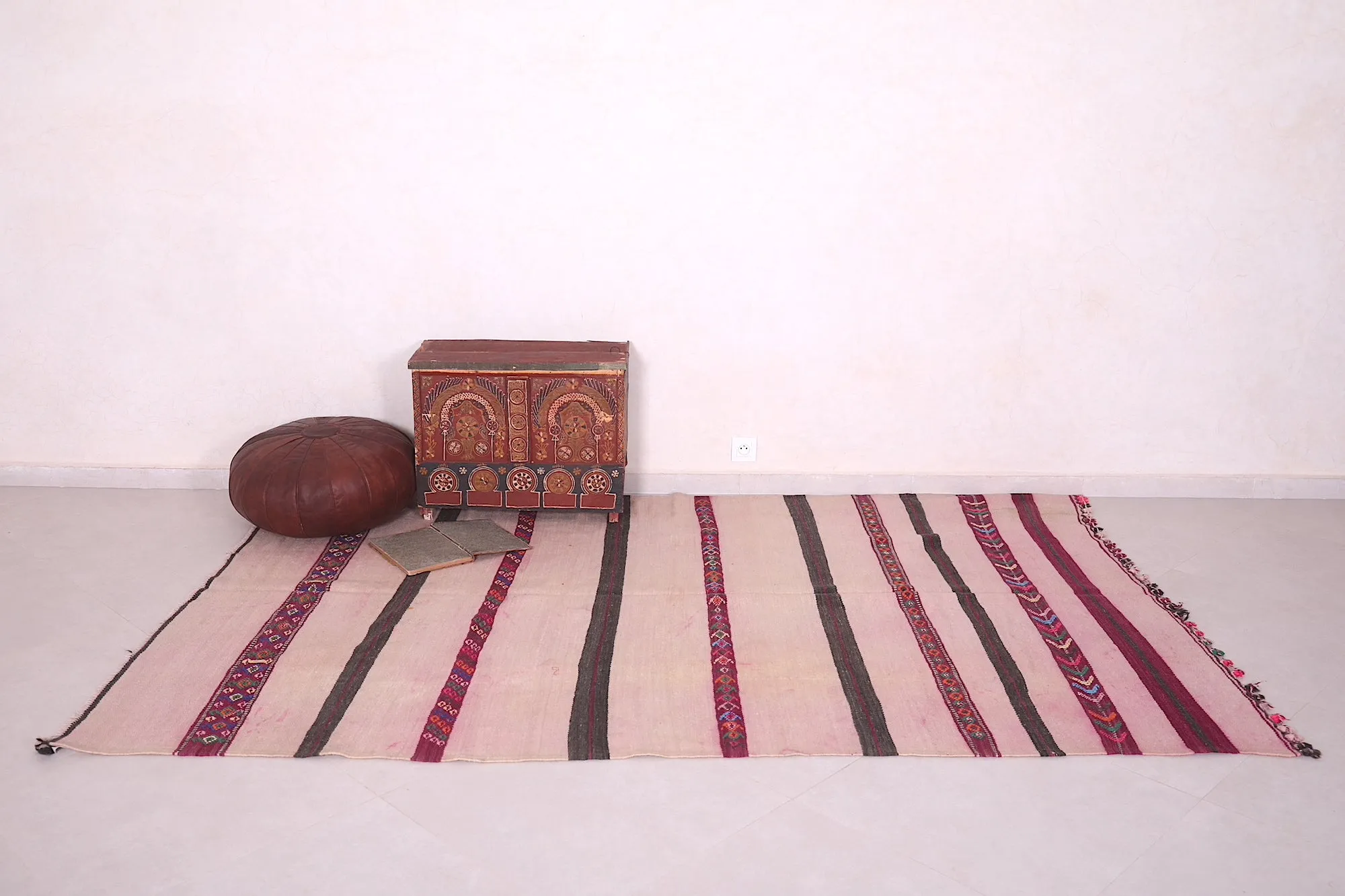 Authentic Moroccan Handwoven Rug – Pink & Striped Patterns | 5.7 FT X 8.8 FT