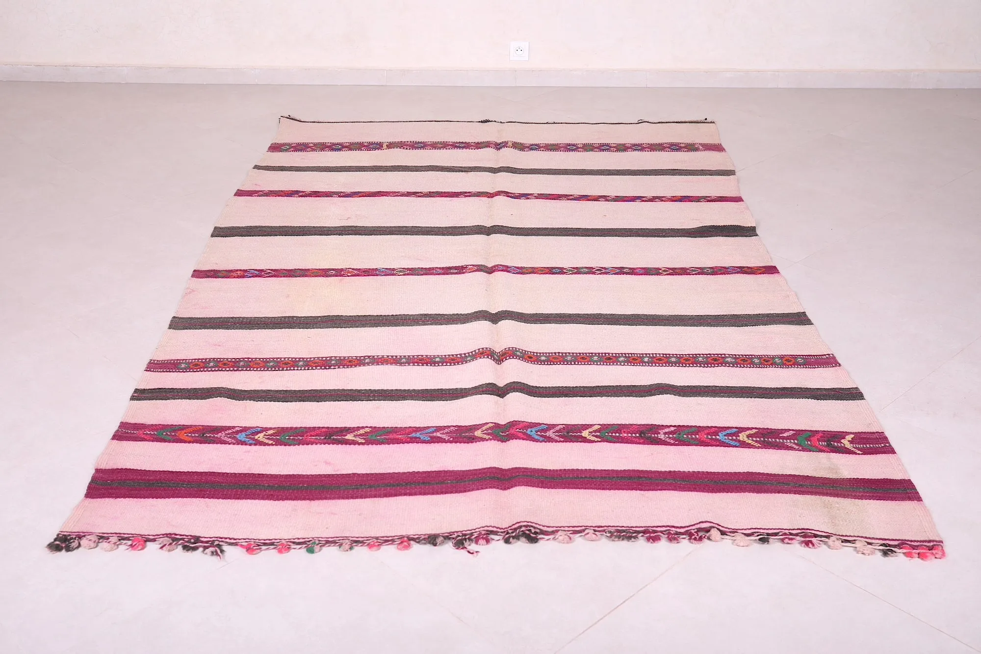 Authentic Moroccan Handwoven Rug – Pink & Striped Patterns | 5.7 FT X 8.8 FT
