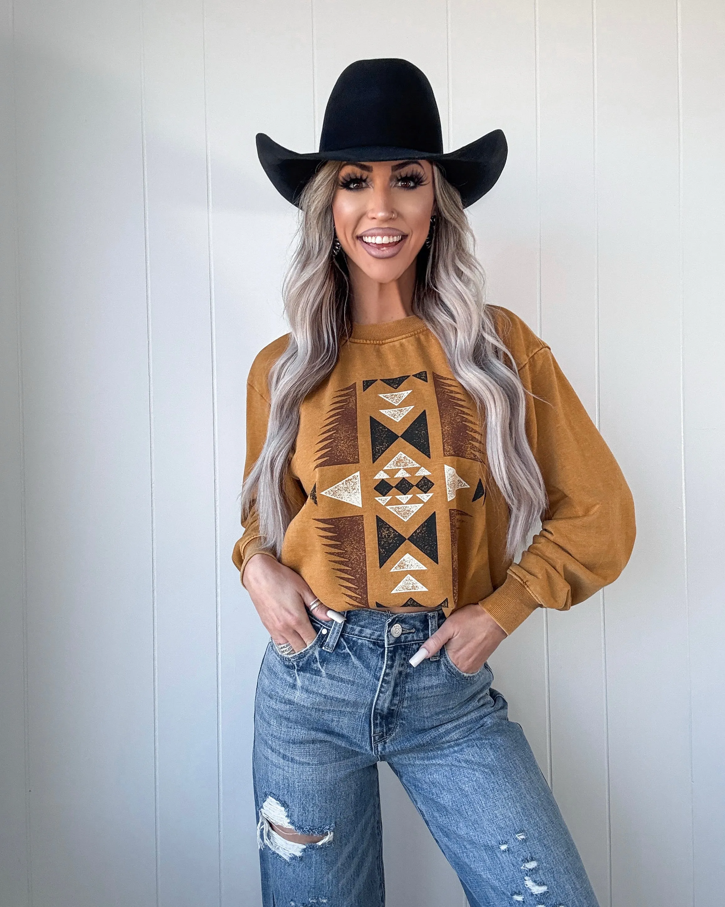 Aztec Mineral Washed Graphic Sweatshirt - Mustard