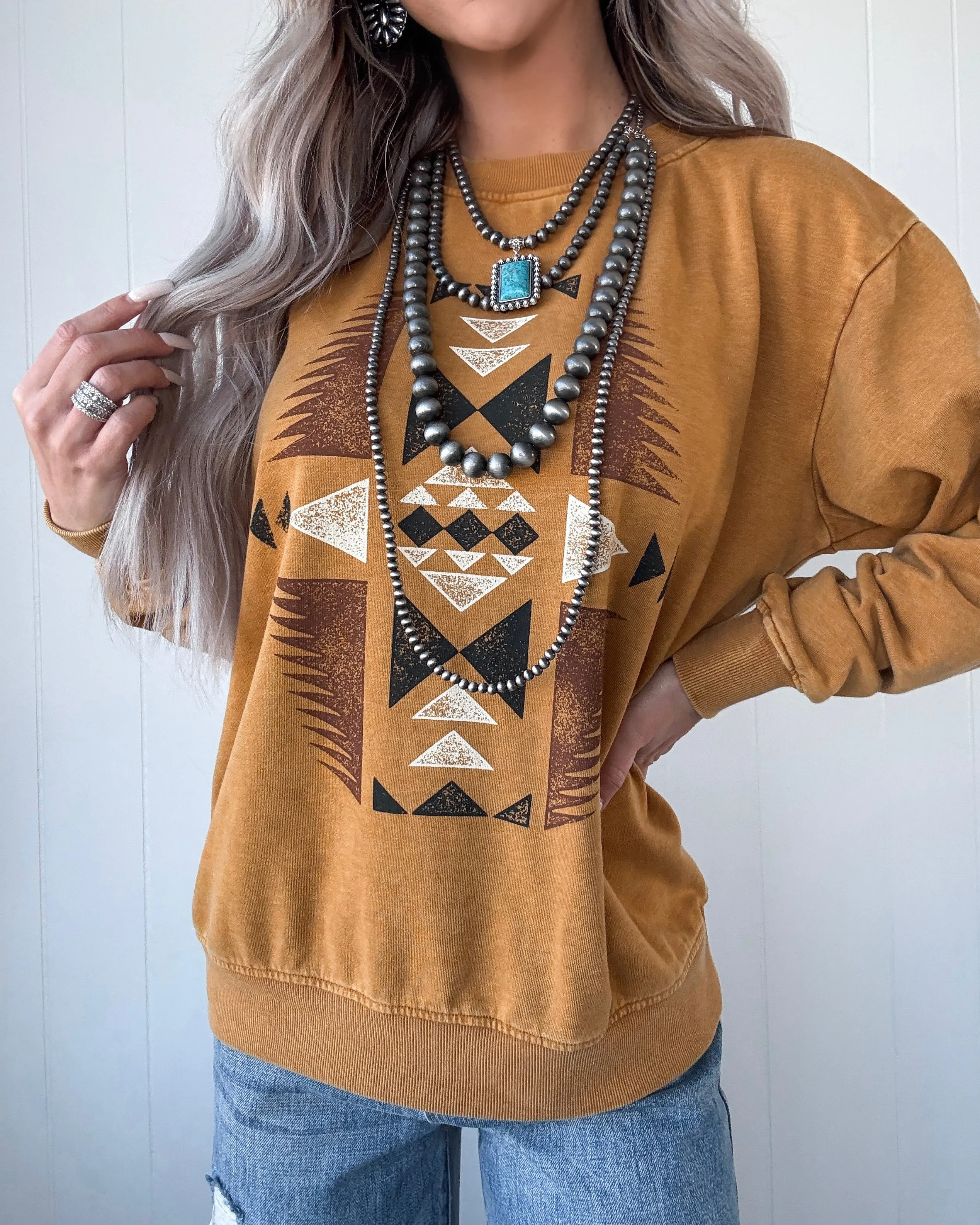 Aztec Mineral Washed Graphic Sweatshirt - Mustard