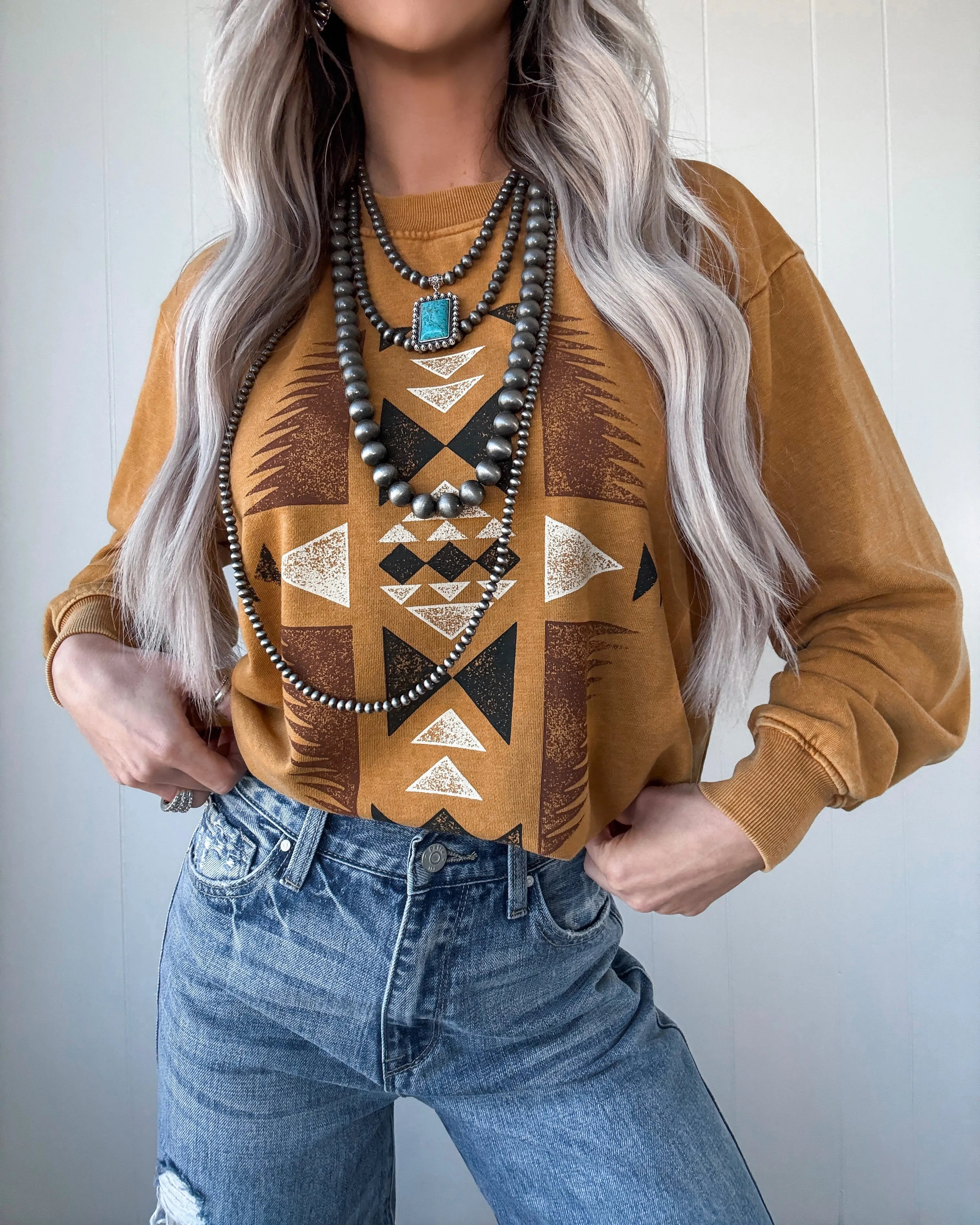 Aztec Mineral Washed Graphic Sweatshirt - Mustard