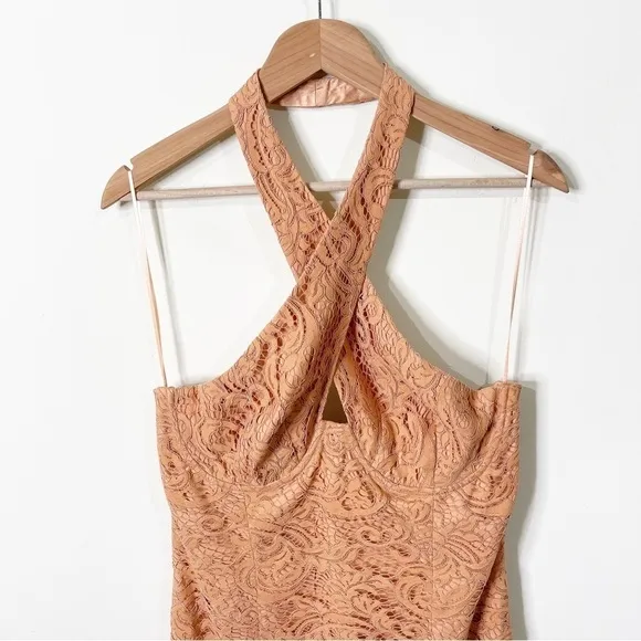 Bardot Rust Lace Riviera Crossover Halter Neck Cutout Corset Midi Dress Size 10