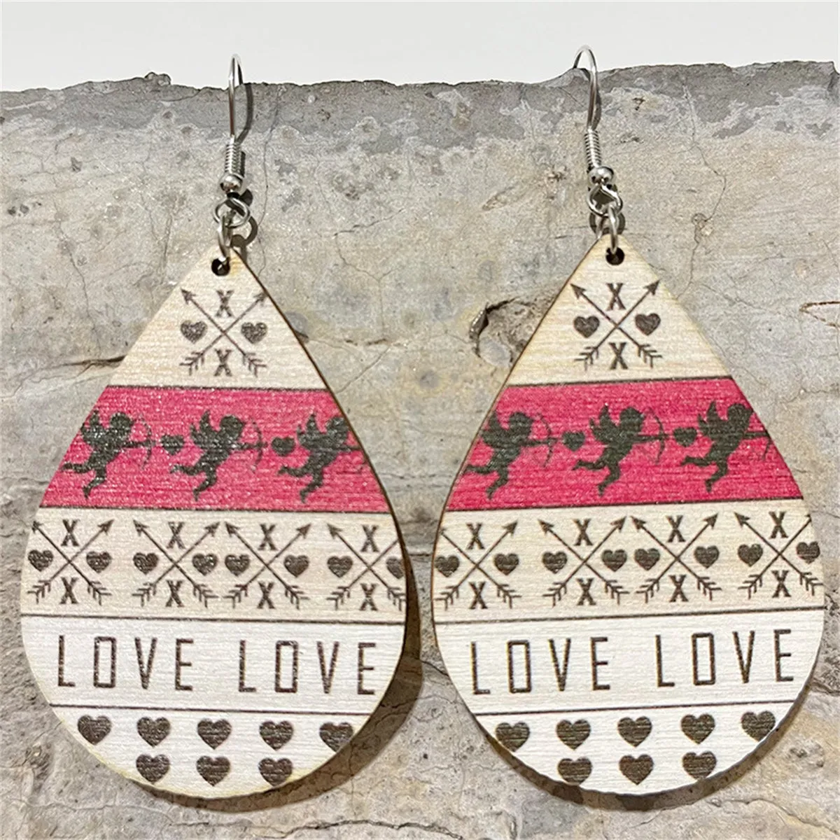 Beige & Fuchsia Wood Fair Isle Cupid 'Love' Teardrop Earrings