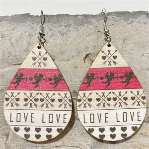 Beige & Fuchsia Wood Fair Isle Cupid 'Love' Teardrop Earrings