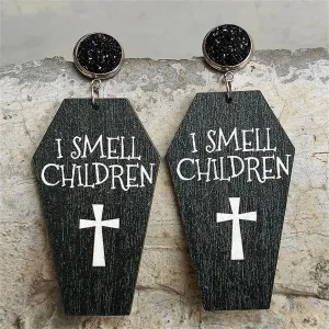 Black & Silver-Plated 'I Smell Children' Coffin Drop Earring