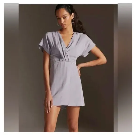 By Anthropologie Faux Wrap Mini Dress Linen blend Size 14 petite‎